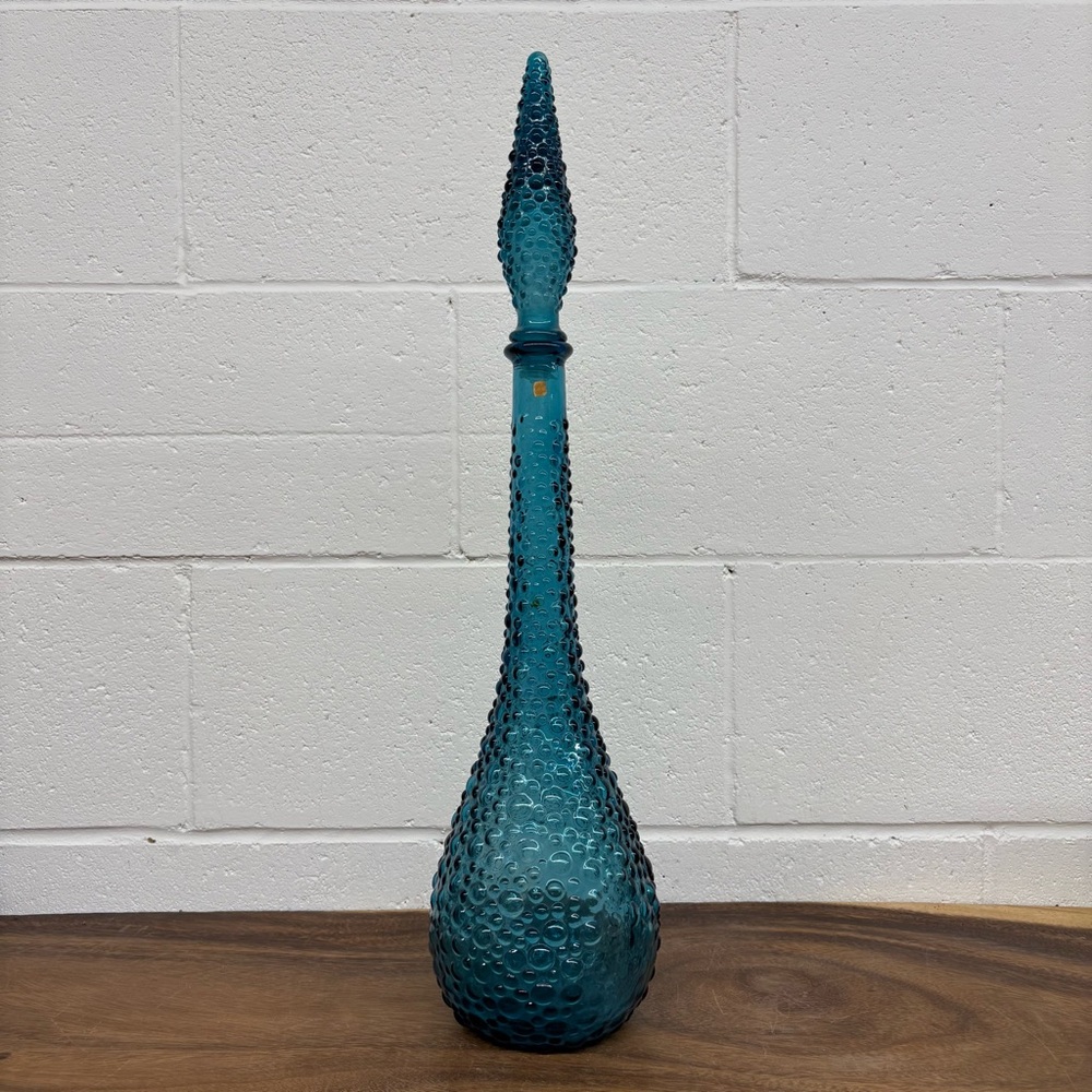Empoli Teal Blue Hobnail Bubble Glass Genie Bottle, Italian Art Glass Vase